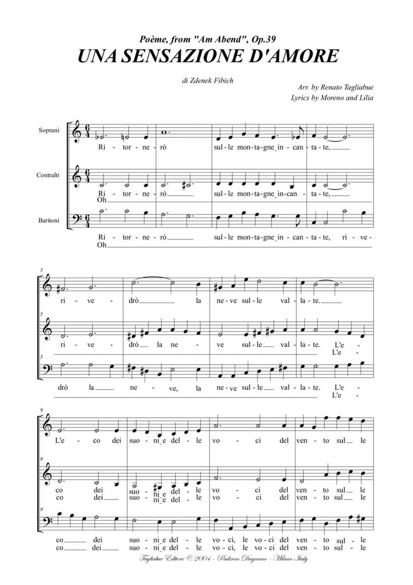 POEME, Op.39 - Z. Fibich - Arr. for SABar Choir with Lyrics: UNA SENSAZIONE D'AMORE image number null