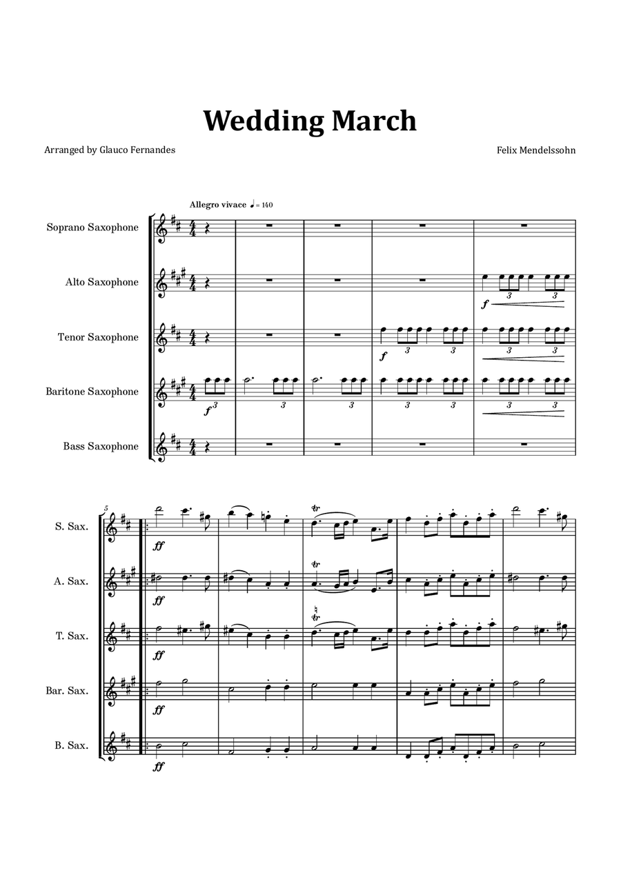 Wedding March Saxophone Quintet scores gallery preview page 1