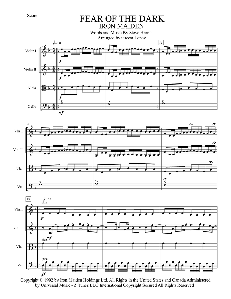 Fear Of The Dark String Quartet scores gallery preview page 1