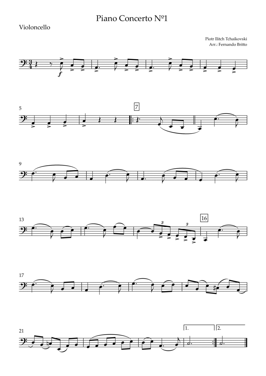 Piano Concerto Nº 1 - 1st Mov. Theme (P. Tchaikovsky) for Cello Solo (C Major) Small Ensemble scores gallery preview page 1