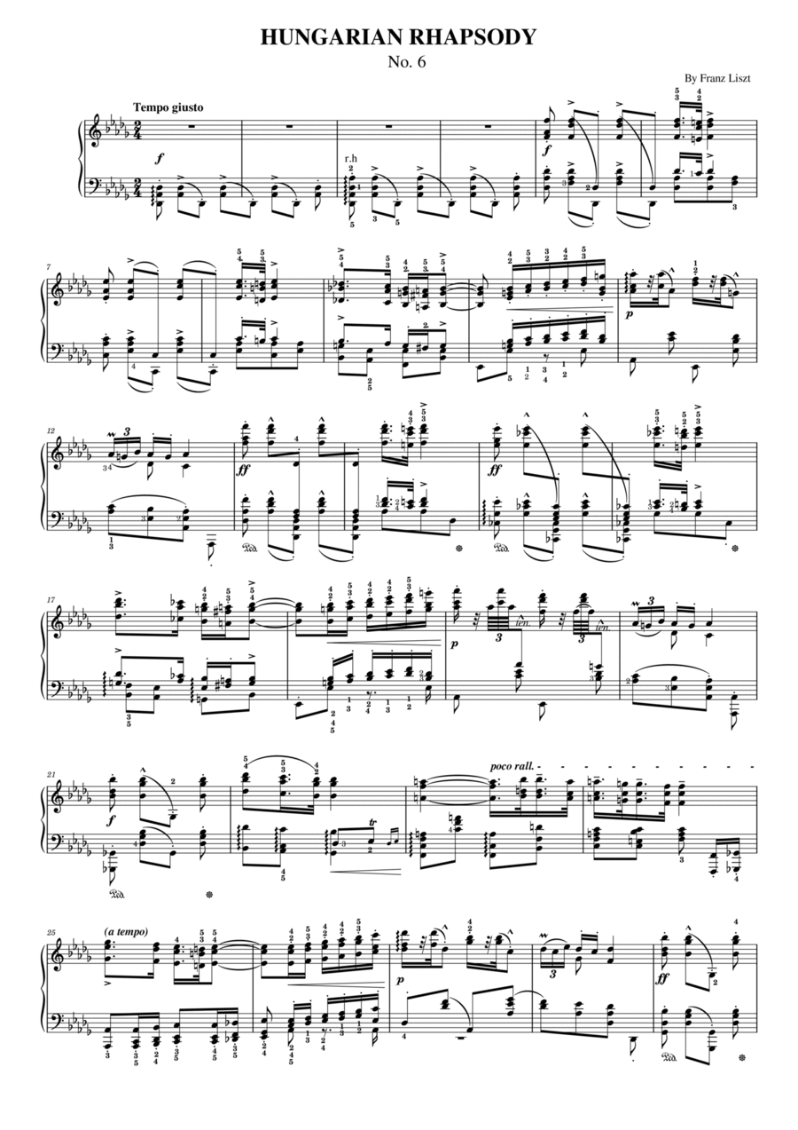 Franz Liszt Hungarian Rhapsody No.6 S.244 - Original With Fingered - For Piano Solo Piano Solo scores gallery preview page 1