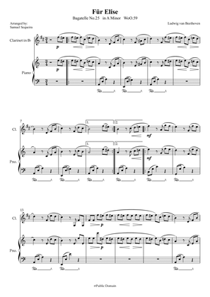 Für Elise (For Elise) - for Clarinet in Bb and Piano accompaniment - with Piano Play along