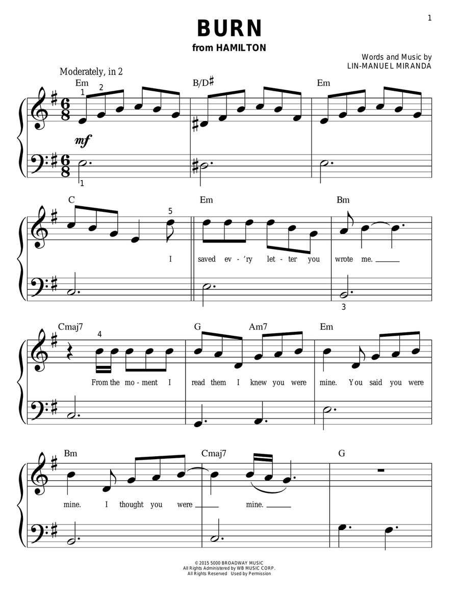 Burn from Hamilton by Lin Manuel Miranda Easy Piano Digital Sheet Music Sheet Music Plus