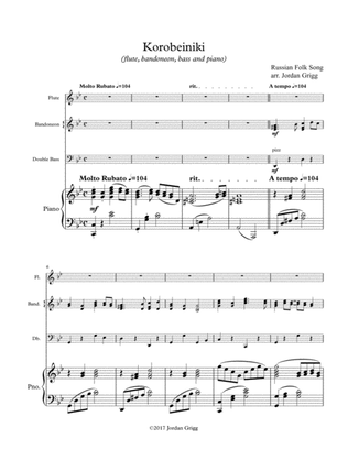 Korobeiniki for flute, bandoneon, piano and bass