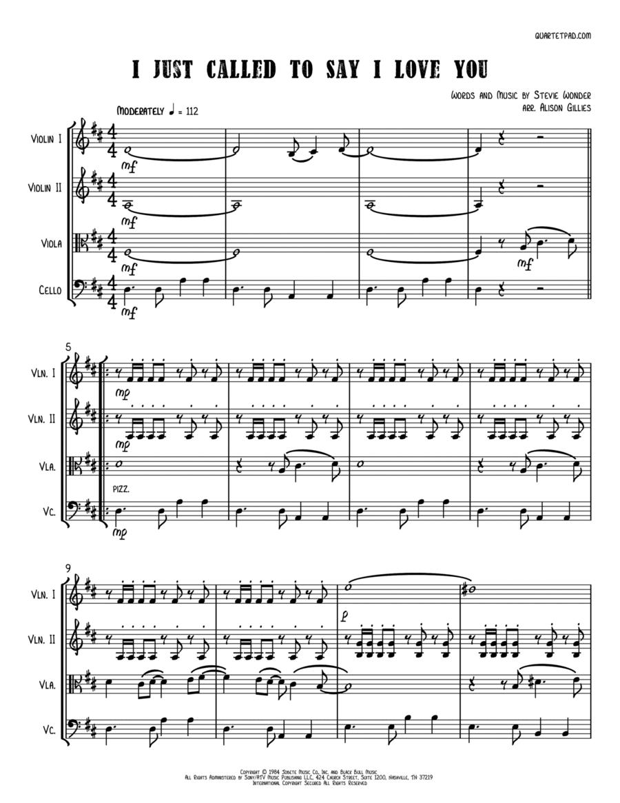 I Just Called To Say I Love You String Quartet scores gallery preview page 1