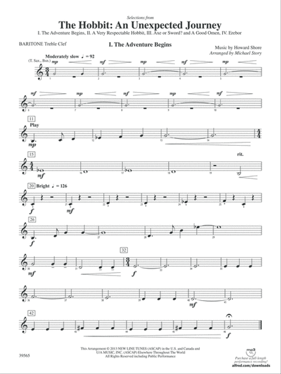 The Hobbit: An Unexpected Journey, Selections from: Baritone T.C. Concert Band scores gallery preview page 1