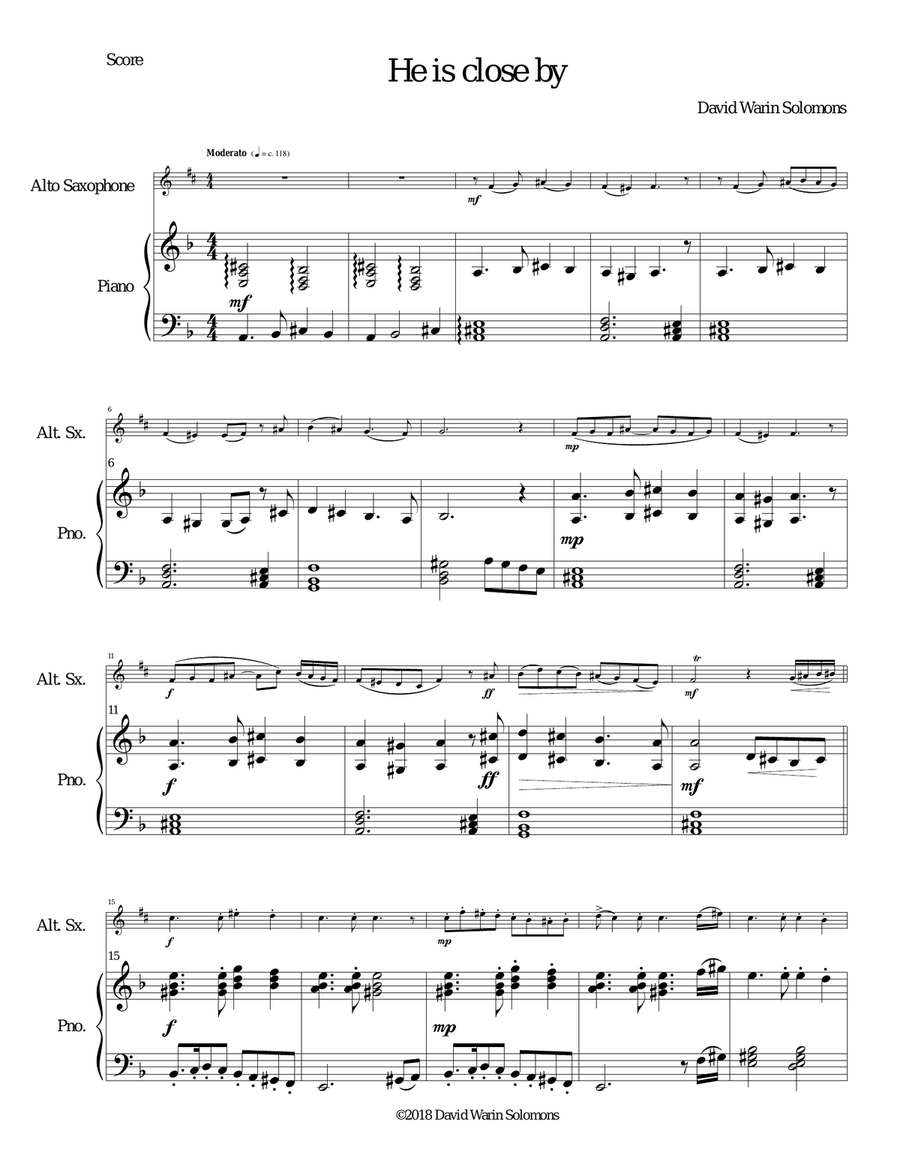He is close by for alto saxophone and piano Alto Saxophone scores gallery preview page 1
