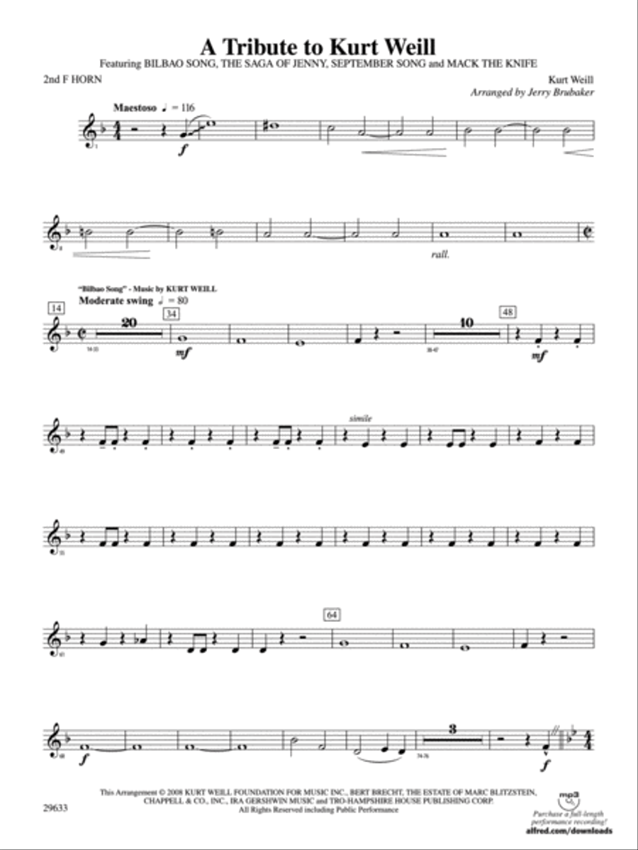 A Tribute to Kurt Weill: 2nd F Horn Concert Band scores gallery preview page 1