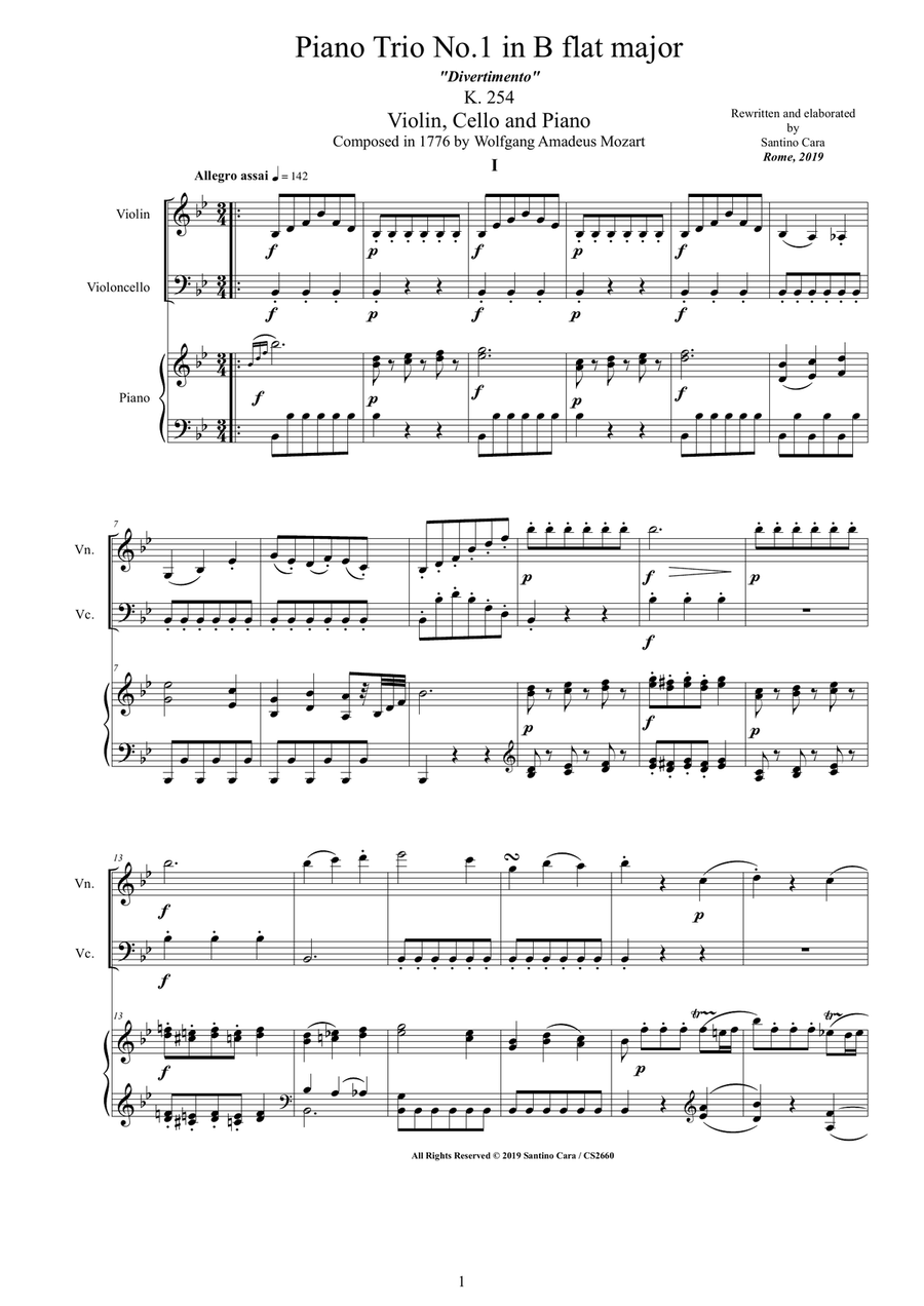 Mozart - Piano Trio No.1 in B flat (Divertimento) K 254 for Violin, Cello and Piano Piano Trio scores gallery preview page 1