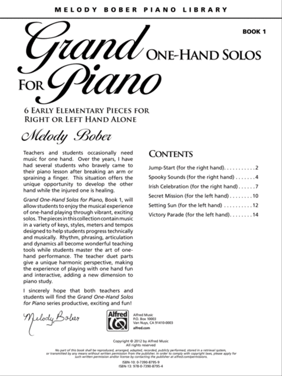 Grand One-Hand Solos for Piano, Book 1: 6 Early Elementary Pieces for Right or Left Hand Alone Piano Method scores gallery preview page 1