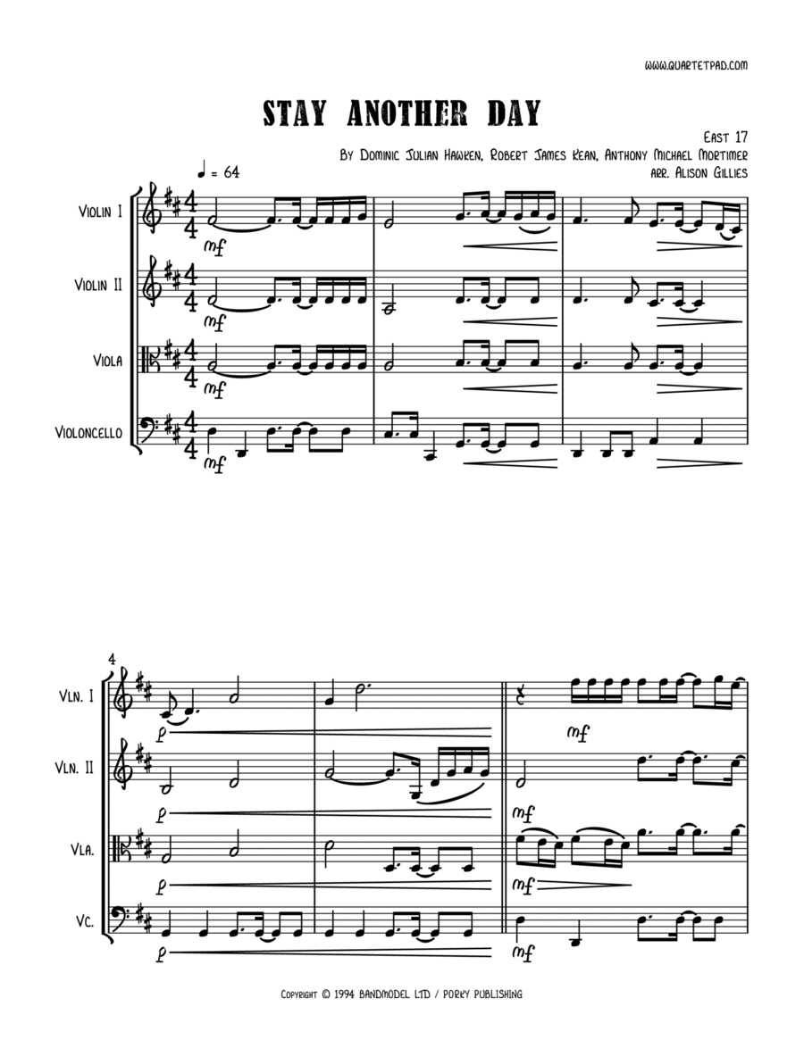 Stay Another Day Stay Another Day String Quartet scores gallery preview page 1