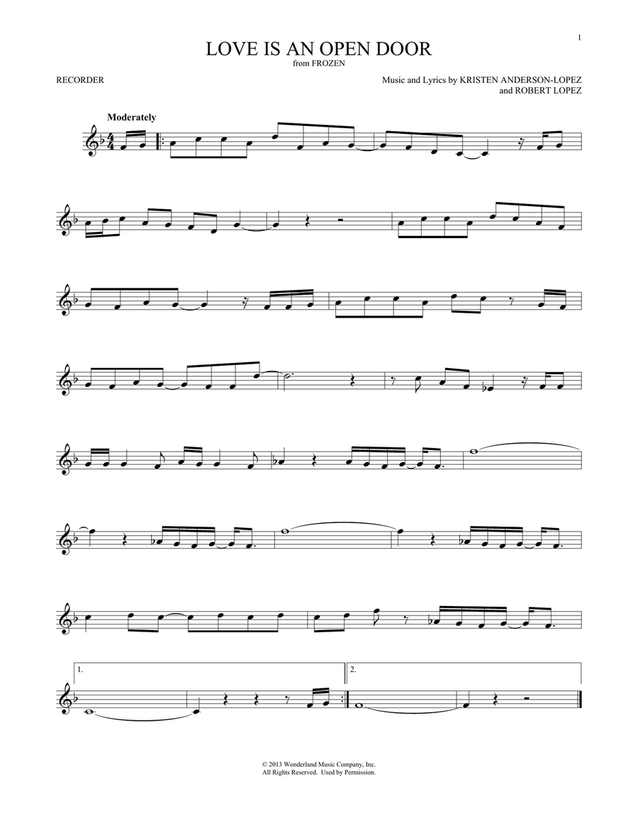 Love Is An Open Door (from Frozen) Recorder scores gallery preview page 1
