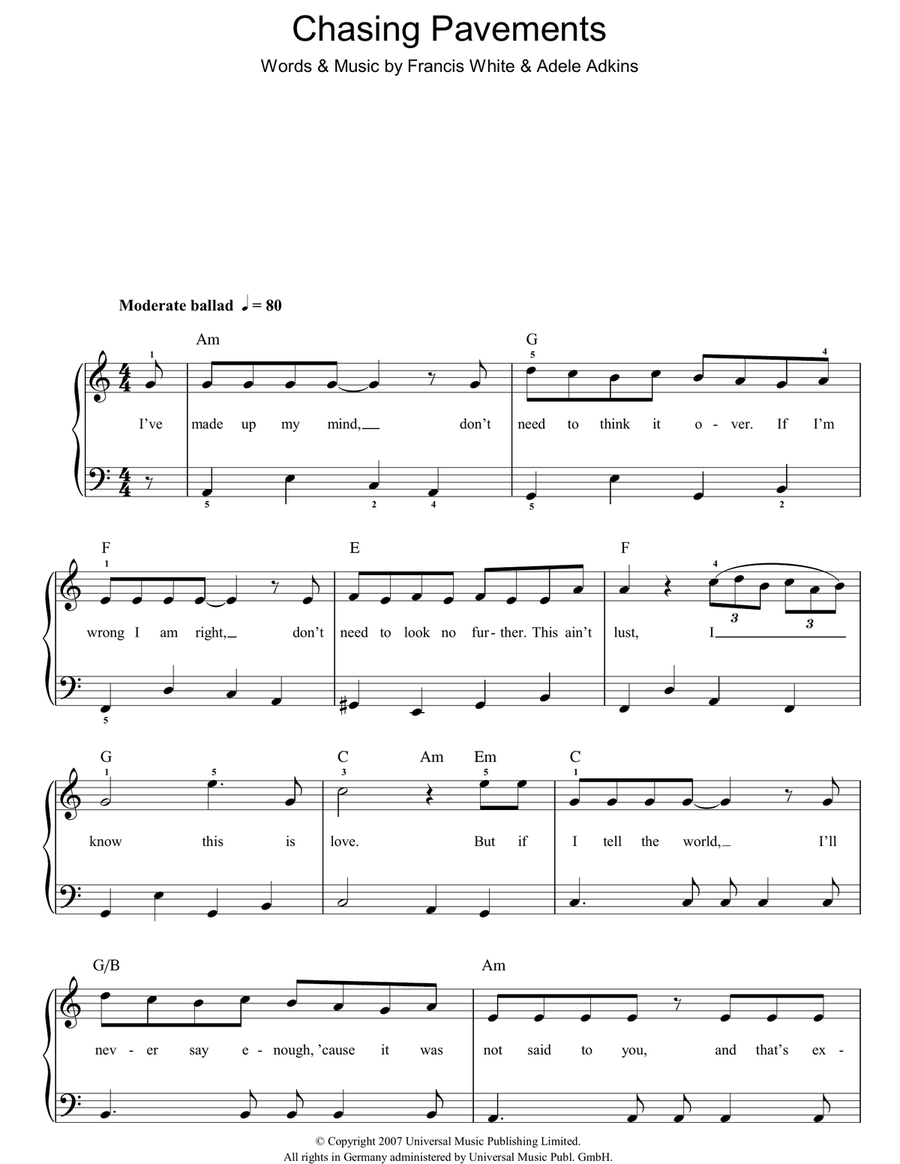 Chasing Pavements Easy Piano scores gallery preview page 1