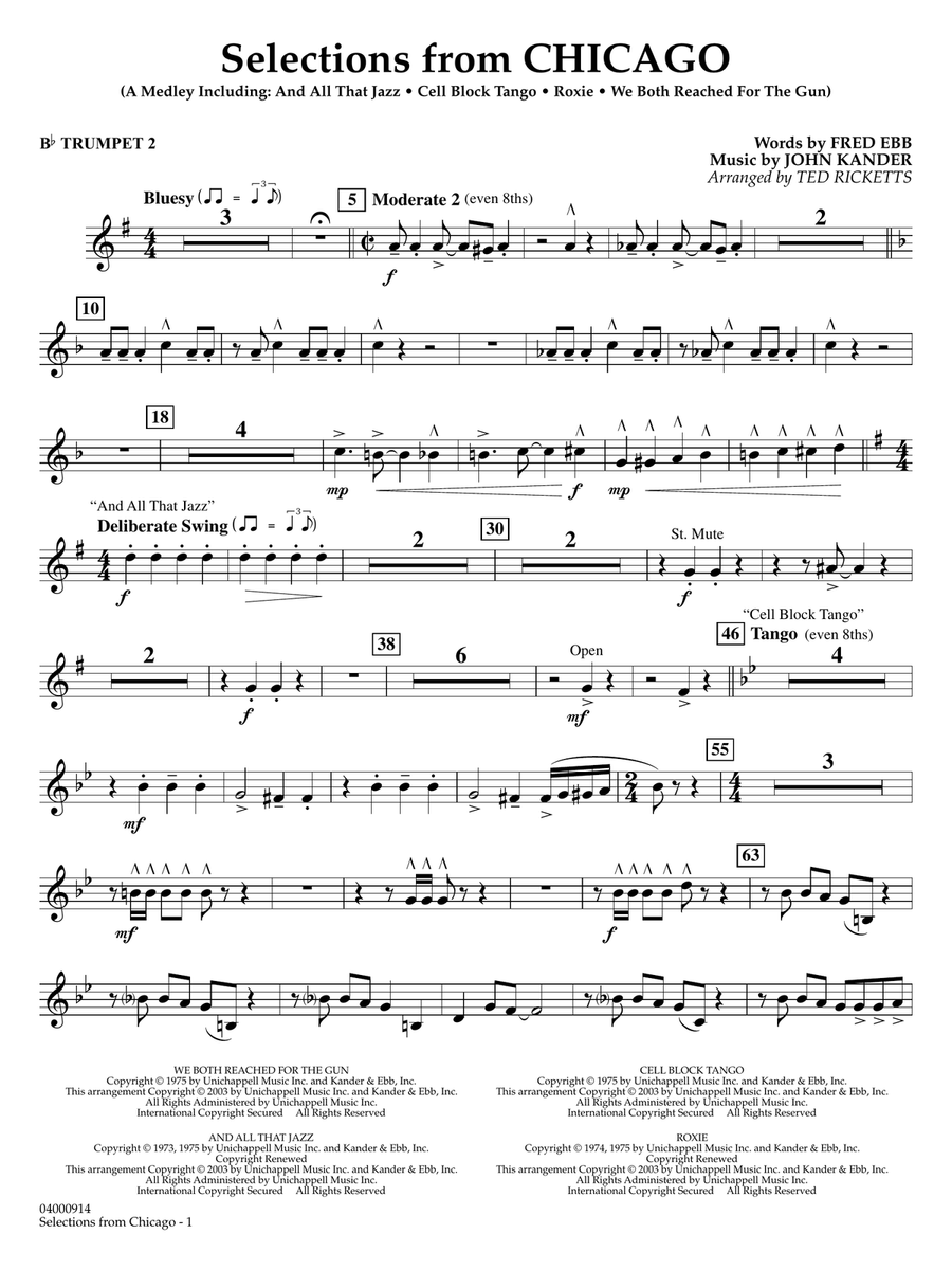 Selections from Chicago (arr. Ted Ricketts) - Bb Trumpet 2 Concert Band scores gallery preview page 1