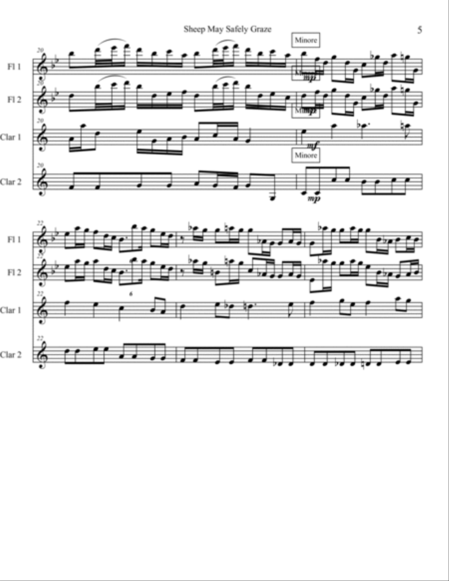 Sheep May Safely Graze for 2 flutes and 2 clarinets Woodwind Quartet scores gallery preview page 5