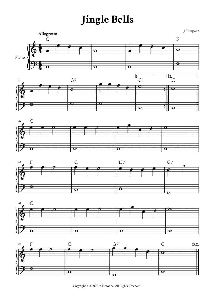 Jingle Bells - Easy Piano in C (with Chords) Easy Piano scores gallery preview page 1