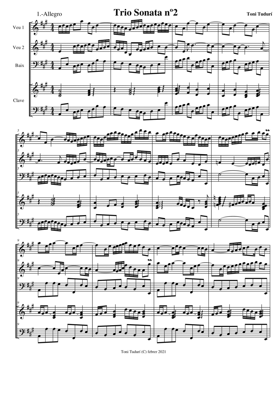 Trio sonata nº2 in A Major for flute, violin & cello, 2 violins & cello and basso continuo (SCORE D Small Ensemble scores gallery preview page 1