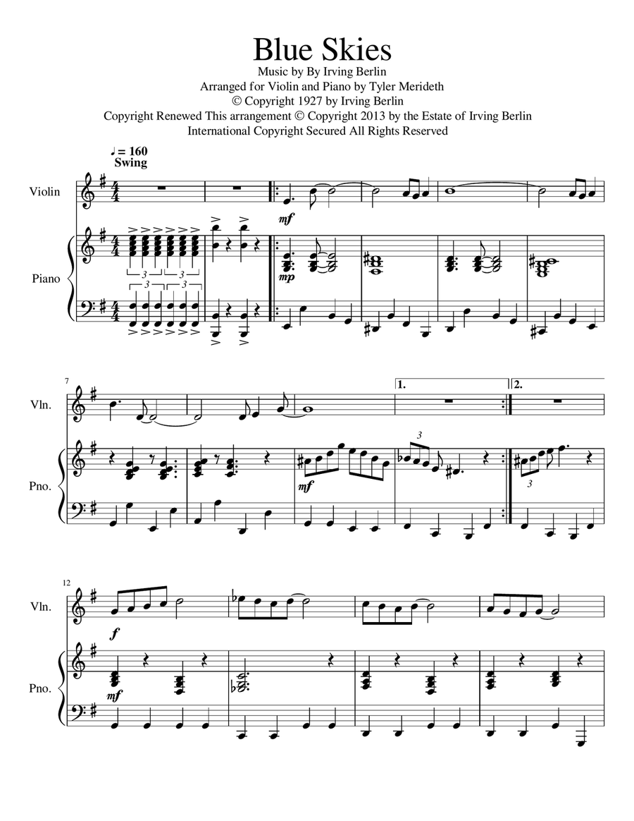 Blue Skies Violin Solo scores gallery preview page 1