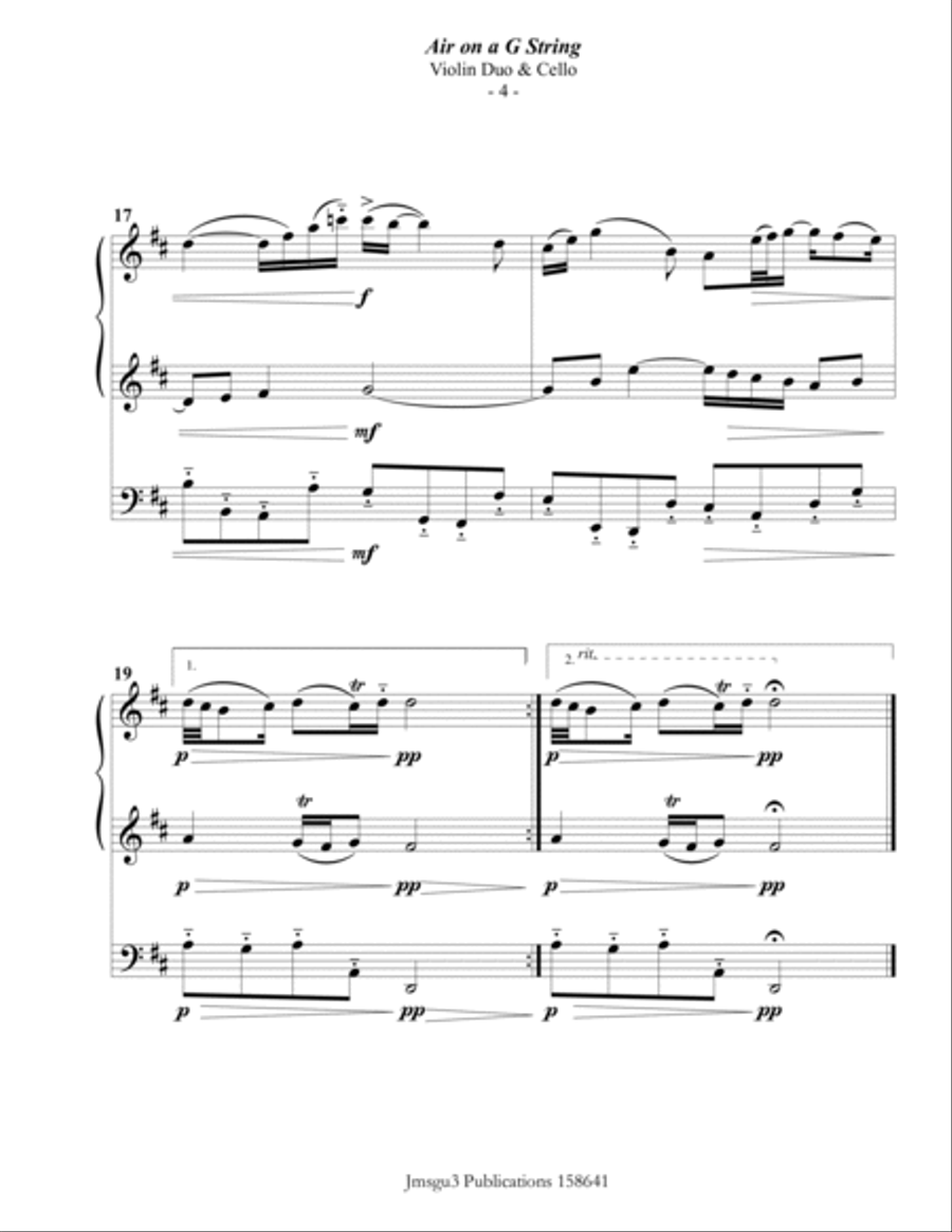 Bach: Air on a G String for 2 Violins & Cello Cello scores gallery preview page 4