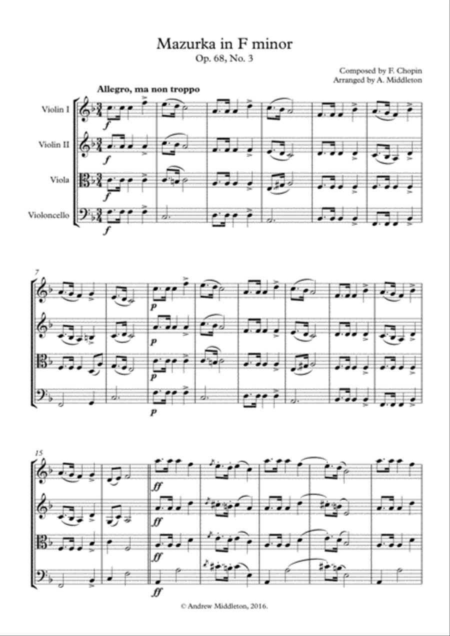 Mazurka in F Minor Op. 68, No. 3 String Quartet scores gallery preview page 1