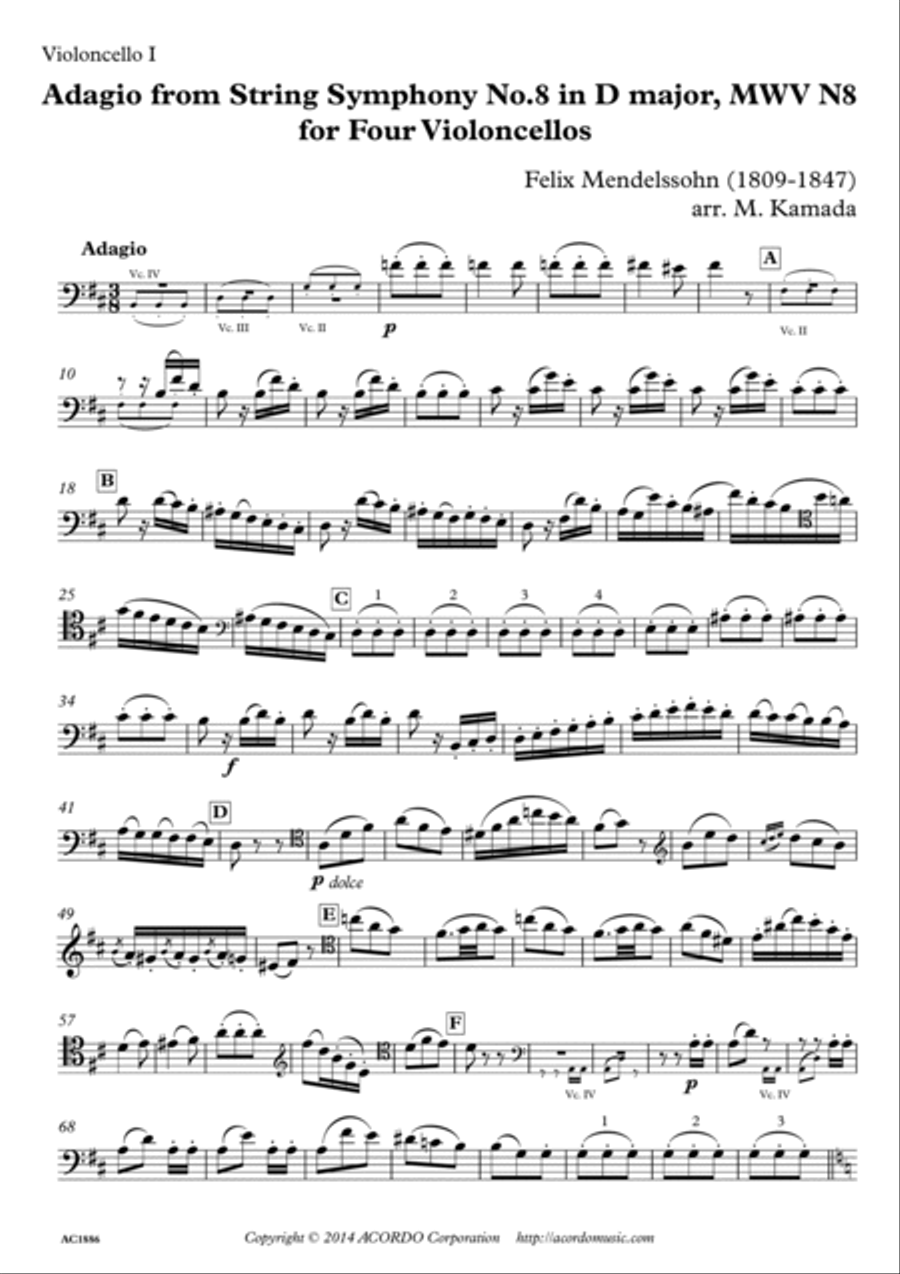 Adagio from String Symphony No.8 in D major, MWV N8 for Four Violoncellos Cello Solo scores gallery preview page 5