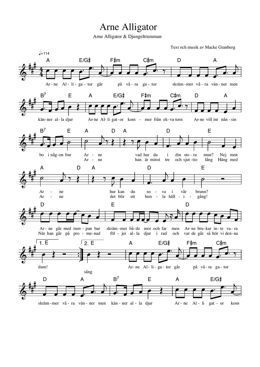 Arne Alligator org. tonart - Arne Alligator & Djungeltrumman Guitar scores gallery preview page 1
