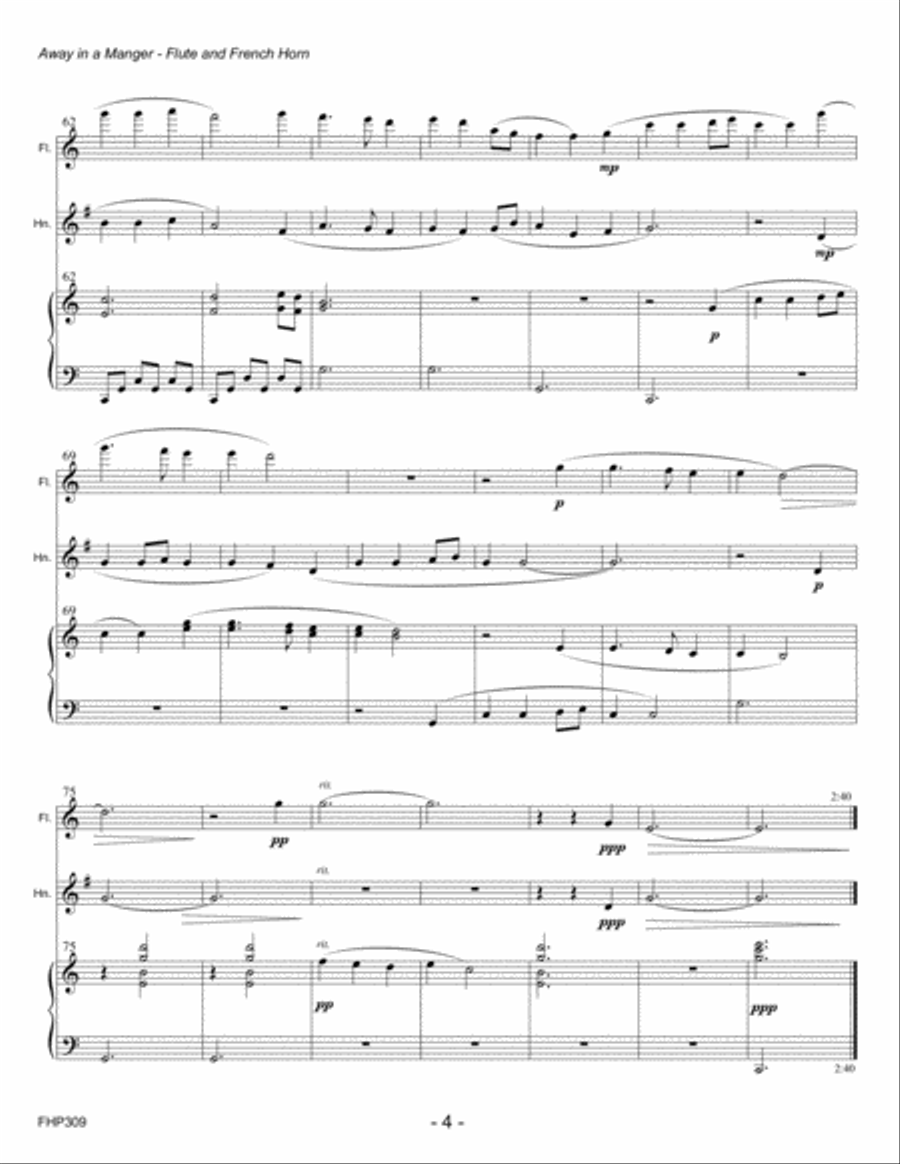 AWAY IN A MANGER for FLUTE & HORN with Piano Accompaniment Woodwind Duet scores gallery preview page 4