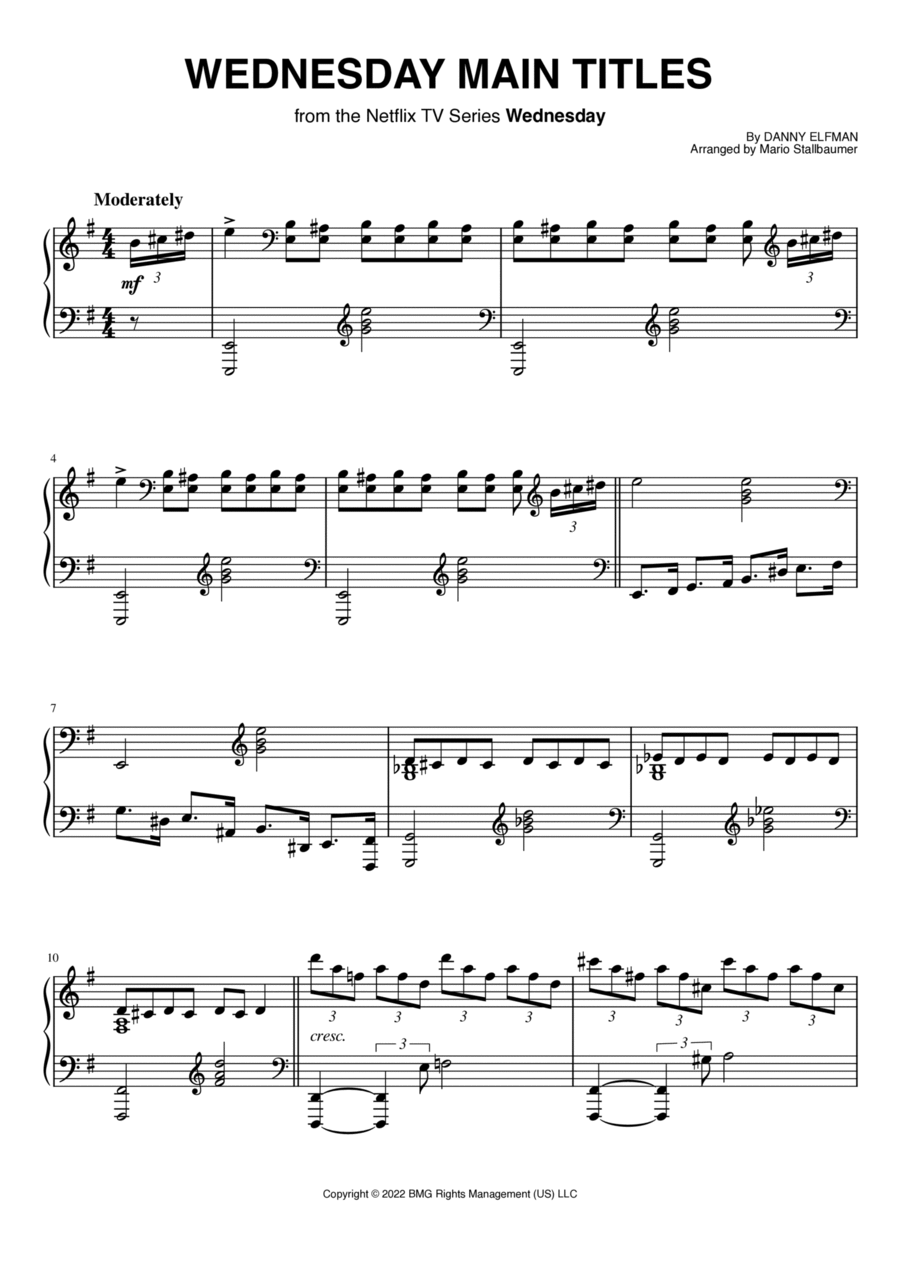 Wednesday Main Titles Piano Solo scores gallery preview page 1
