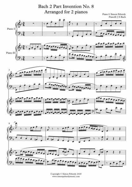 Bach 2 Part Invention No.8 in F Arranged for 2 pianos, 4 hands (second piano part by Simon Peberdy) image number null