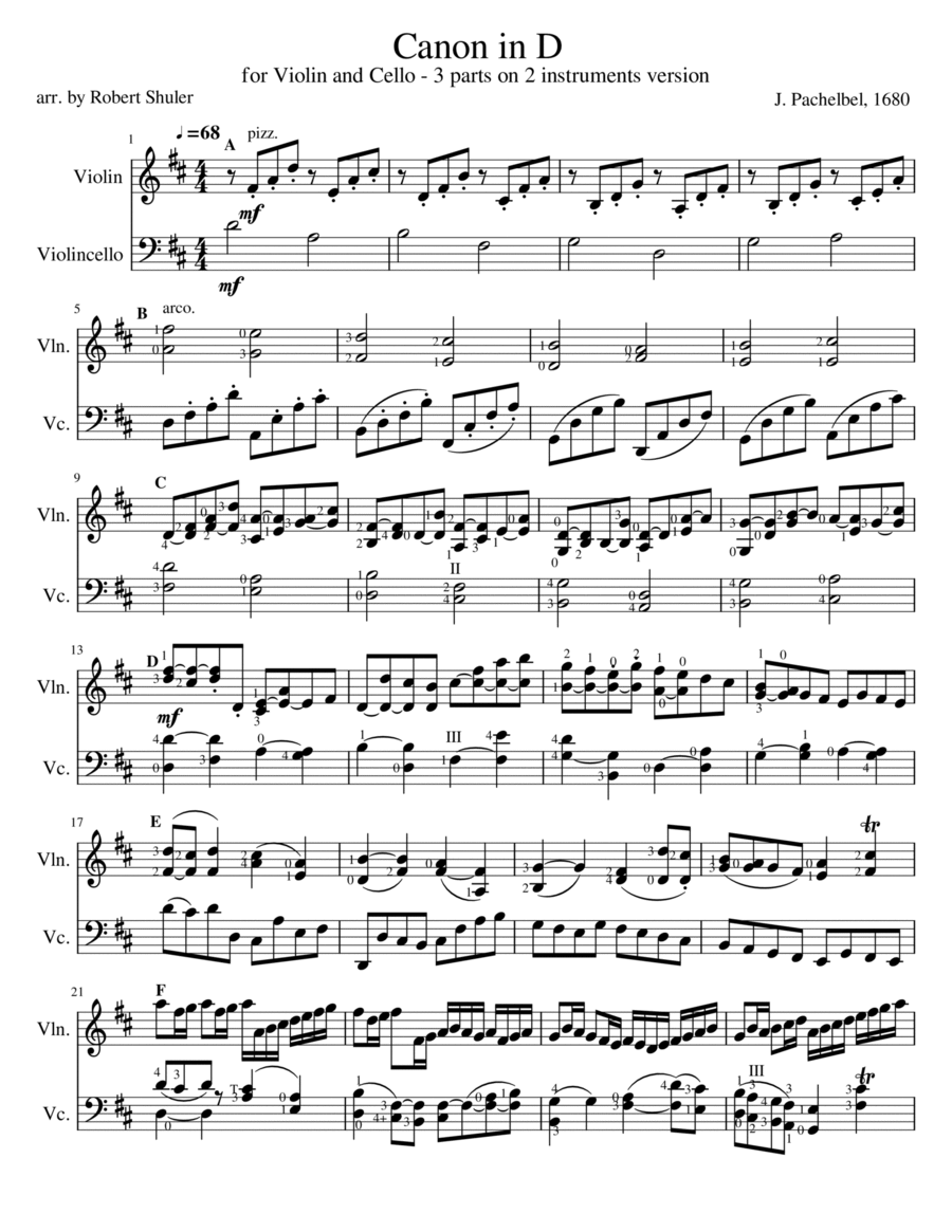 Canon in D 3 parts on 2 instruments for Violin & Cello image number null