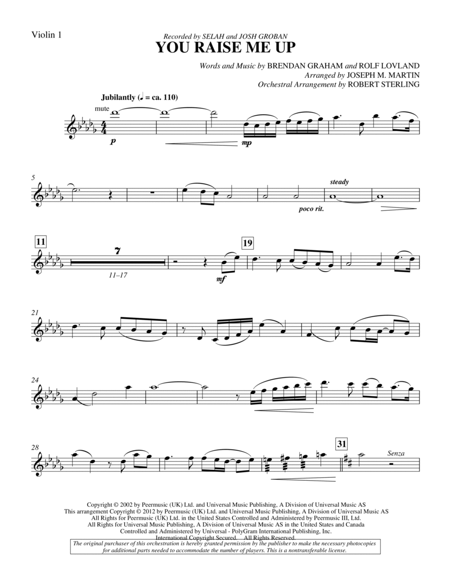 You Raise Me Up - Violin 1 Choir scores gallery preview page 1
