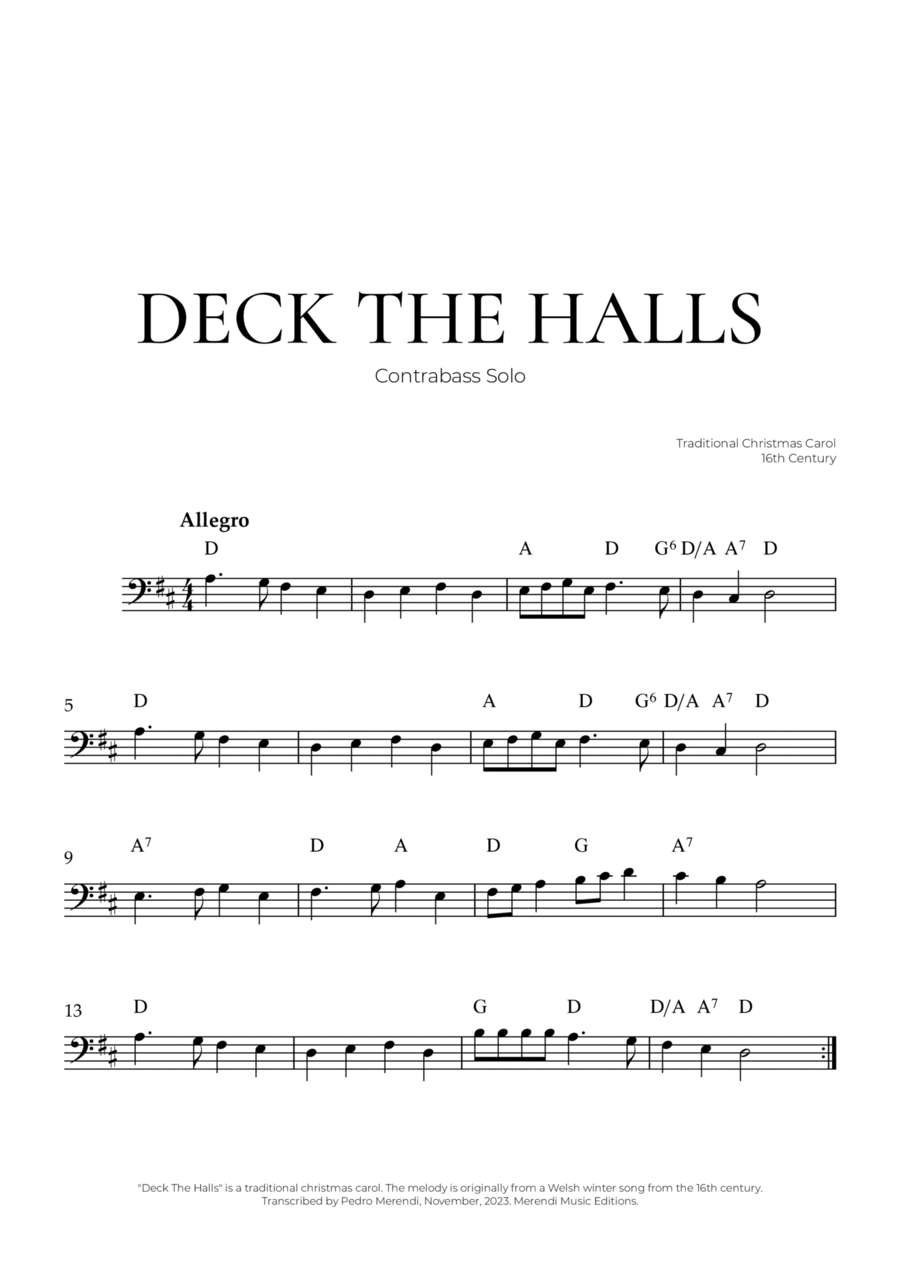 Deck The Halls (Bass Solo) - Christmas Carol Double Bass scores gallery preview page 1