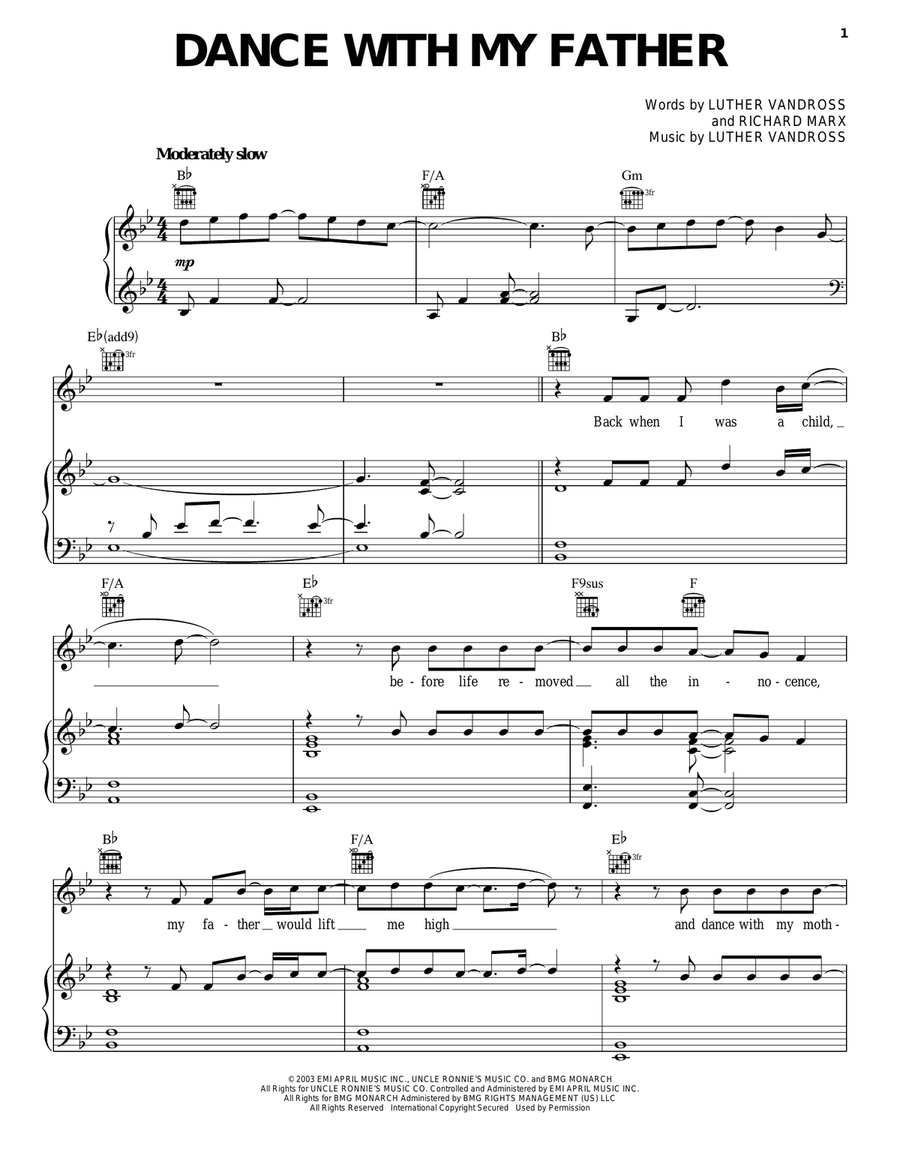 Dance With My Father Piano, Vocal, Guitar scores gallery preview page 1