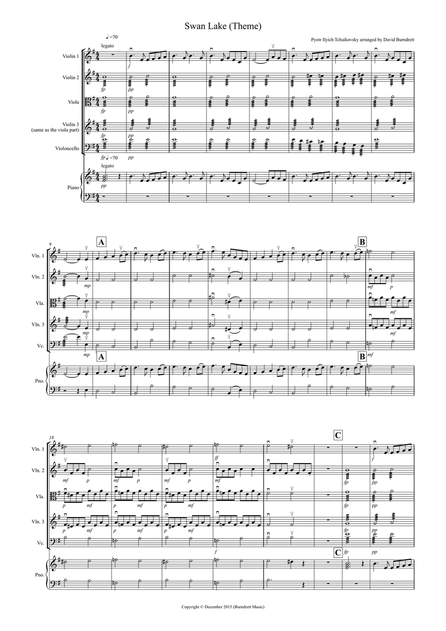 Swan Lake Theme for String Quartet String Quartet scores gallery preview page 1