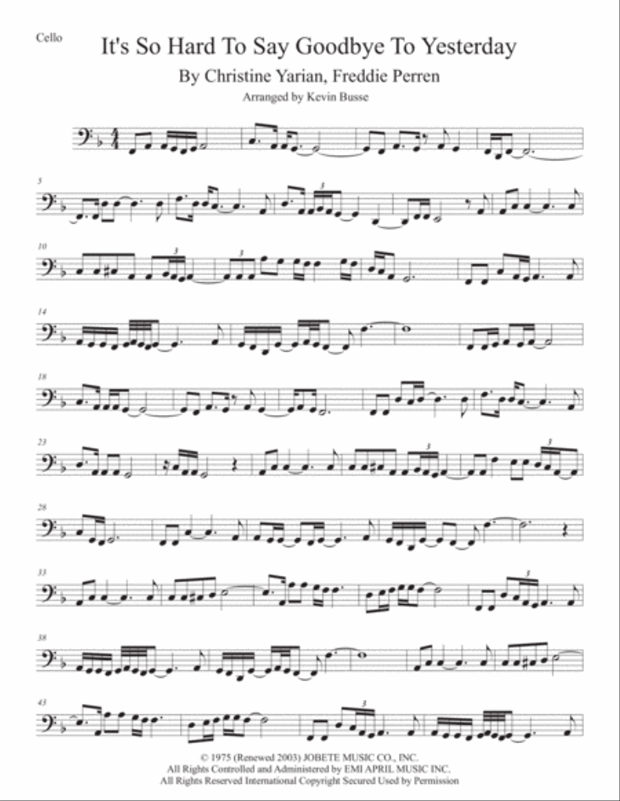 It's So Hard To Say Goodbye To Yesterday Cello Solo scores gallery preview page 1