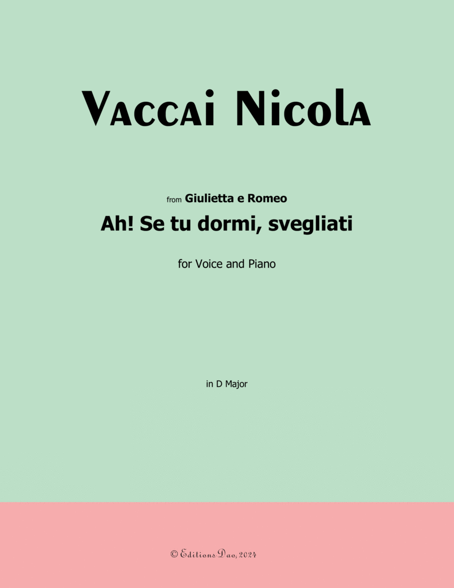 Ah! Se tu dormi,svegliati, by Vaccai Nicola, in D Major Voice scores gallery preview page 1