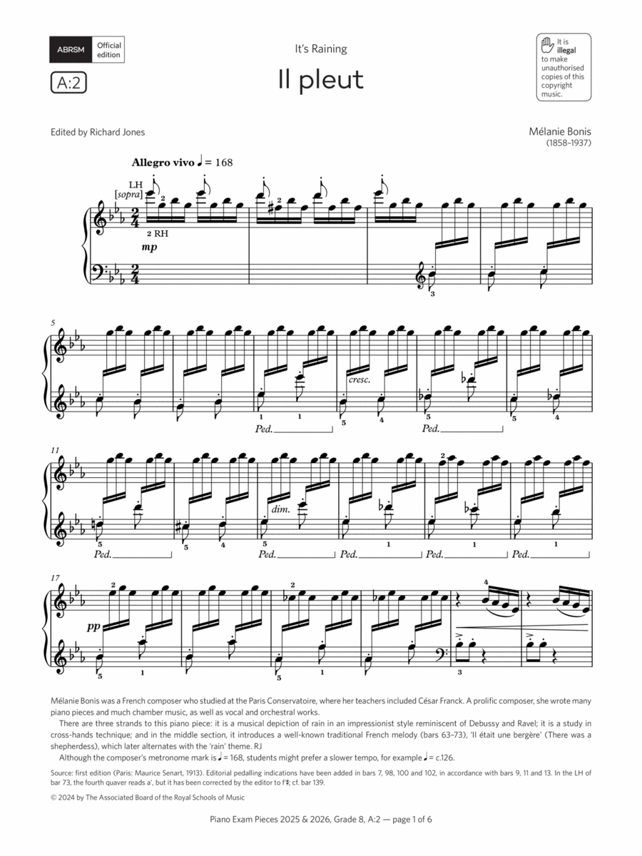 Il pleut (Grade 8, list A2, from the ABRSM Piano Syllabus 2025 & 2026) Piano Method scores gallery preview page 1