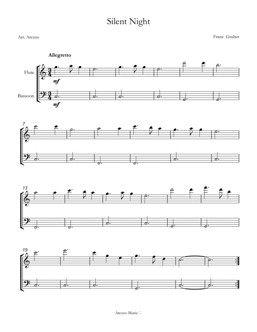 Silent Night carol for beginners sheet music for Flute and Bassoon Woodwind Duet scores gallery preview page 1