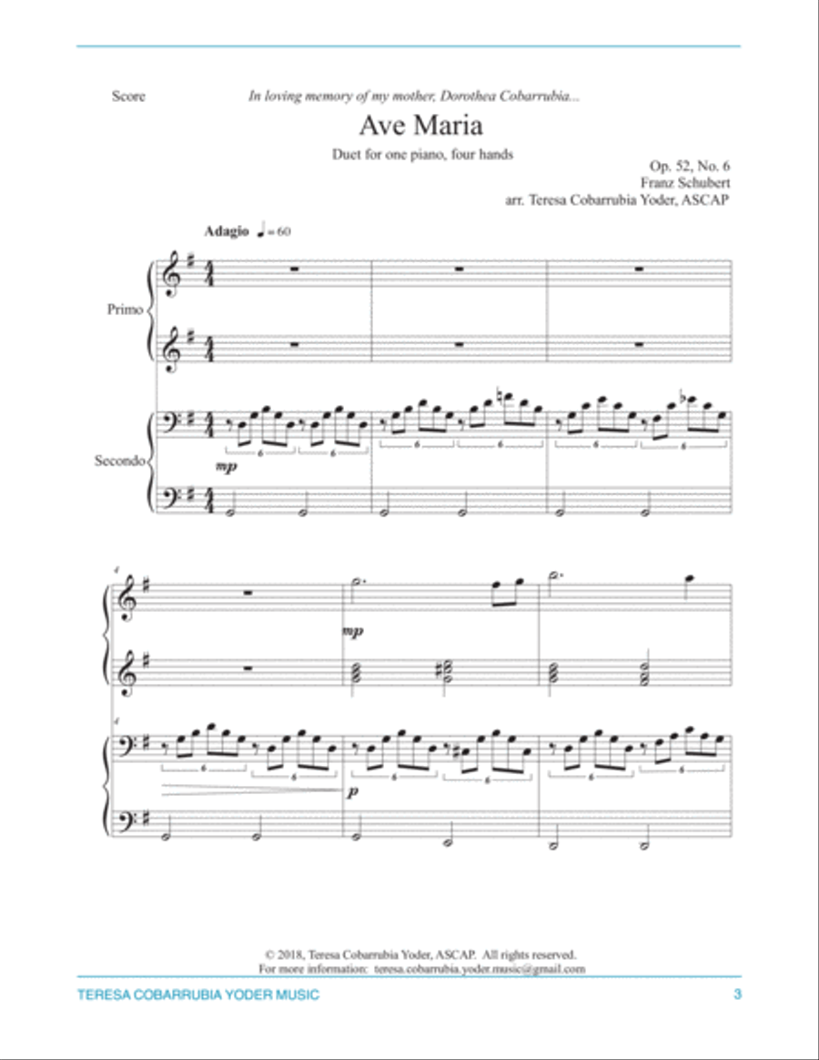 Ave Maria - Schubert - Easy Piano Duet by Teresa Cobarrubia Yoder Easy Piano scores gallery preview page 3
