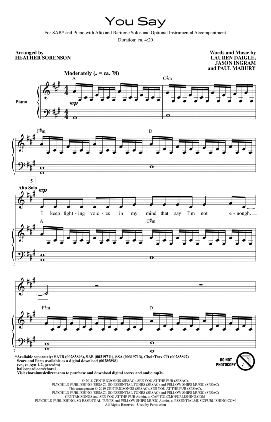 You Say (arr. Heather Sorenson) 3-Part scores gallery preview page 1