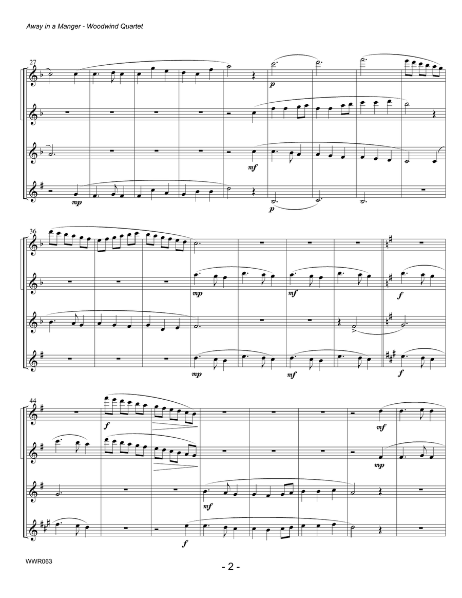 AWAY IN A MANGER - WOODWIND QUARTET (2 Flutes, Oboe & Clarinet) Woodwind Quartet scores gallery preview page 2