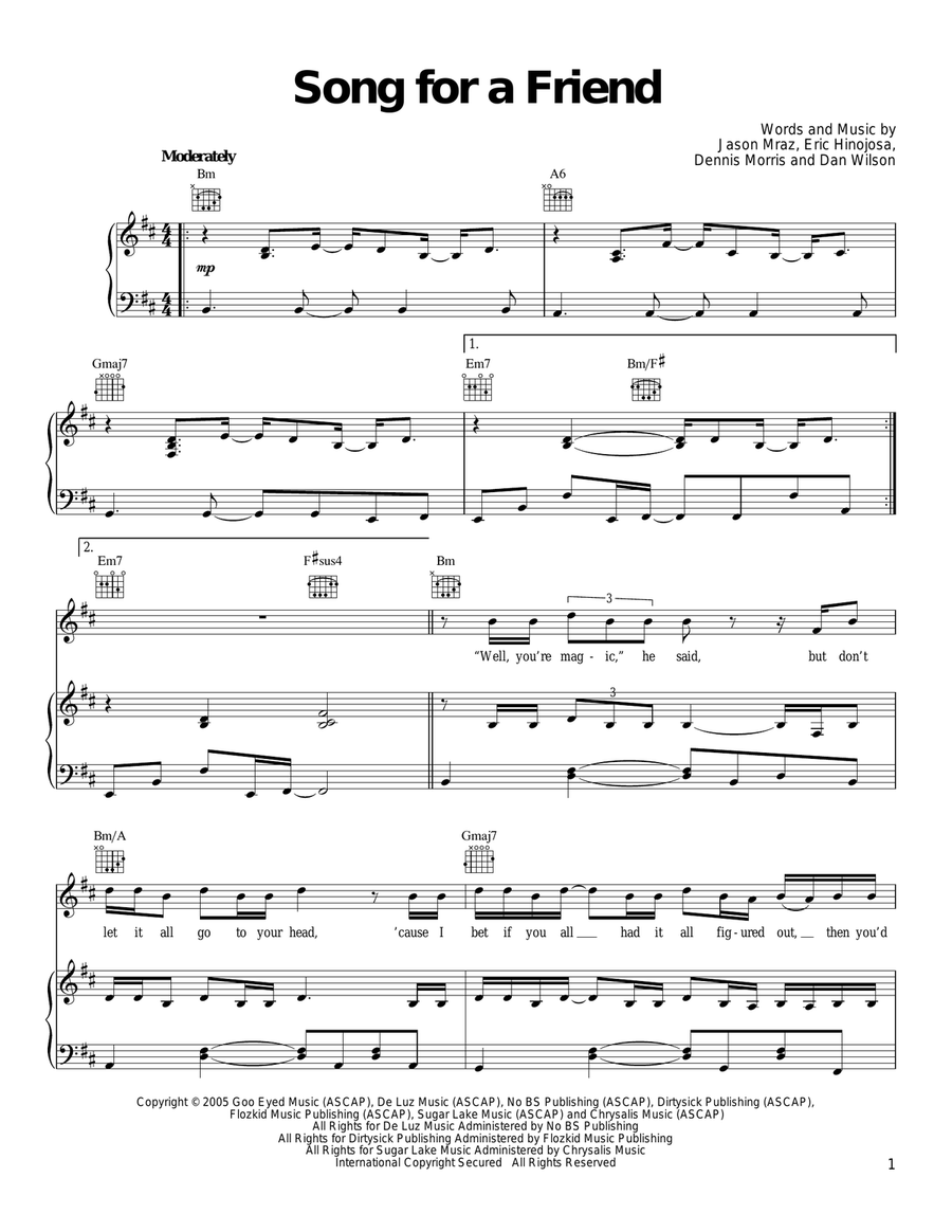 Song For A Friend Song For A Friend Piano, Vocal, Guitar scores gallery preview page 1