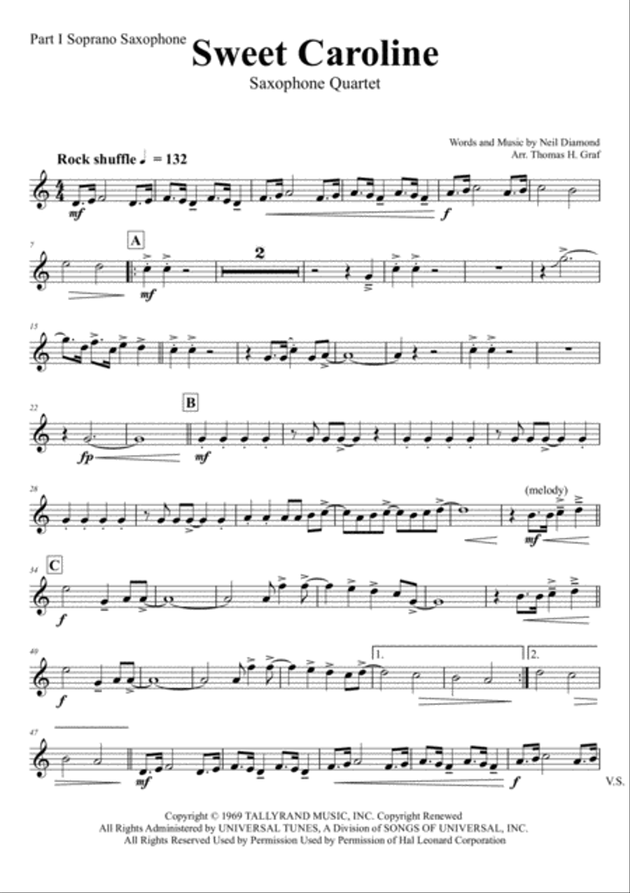 Sweet Caroline Saxophone Quartet scores gallery preview page 4