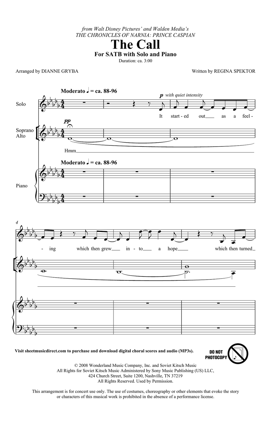 The Call (from The Chronicles Of Narnia: Prince Caspian) (arr. Dianne Gryba) 4-Part scores gallery preview page 1