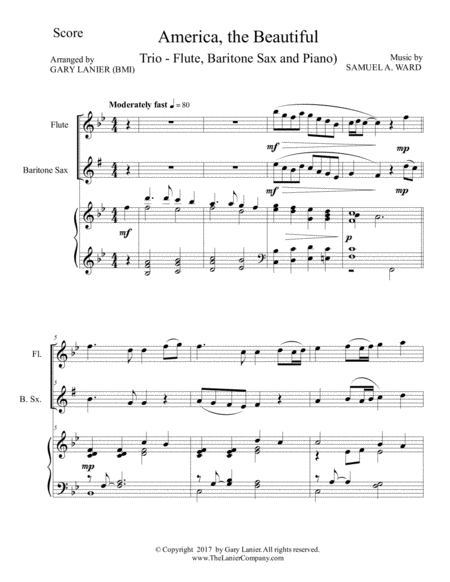 AMERICA, THE BEAUTIFUL (Trio – Flute, Baritone Sax and Piano/Score and Parts) image number null