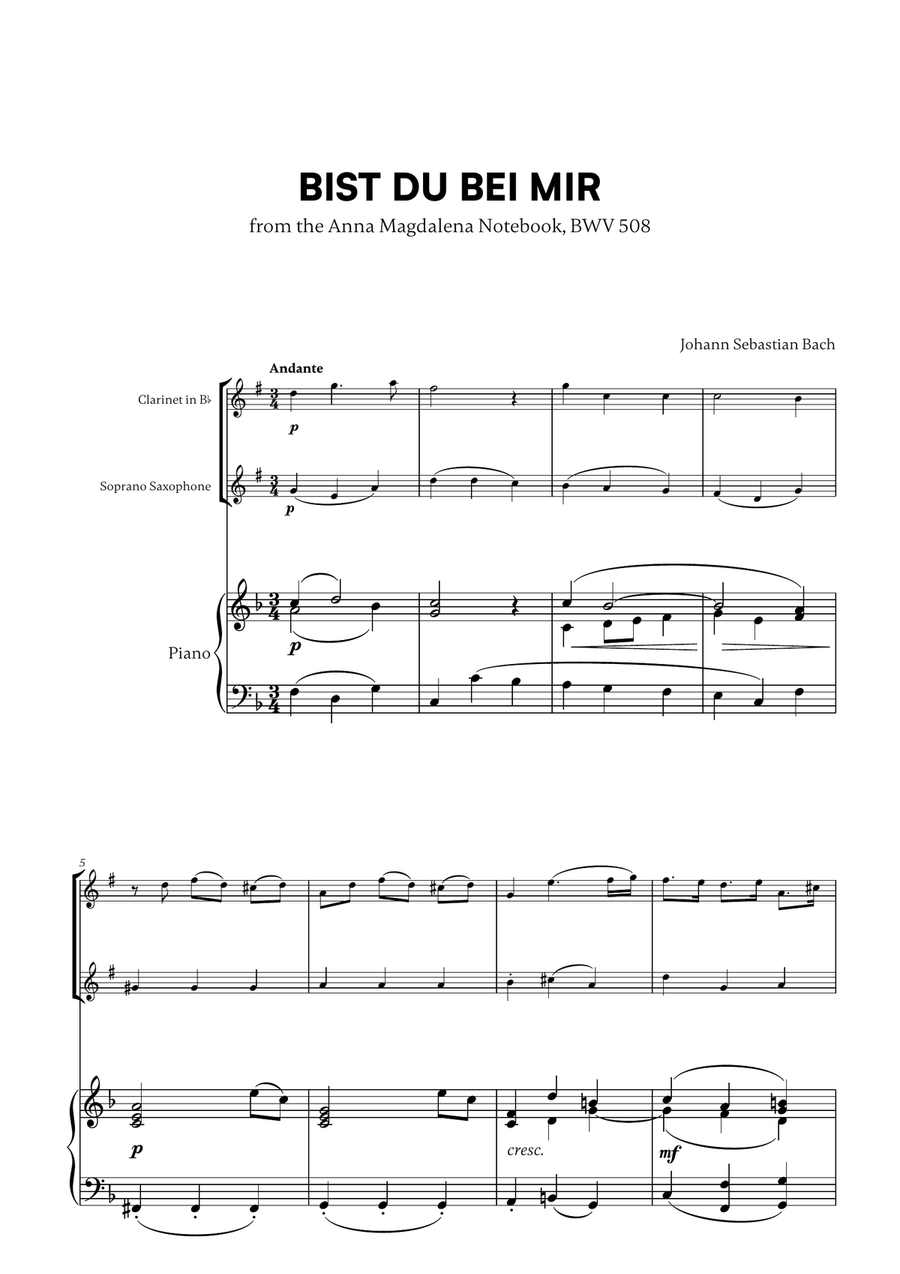 Johann Sebastian Bach - Bist du bei Mir (BWV 508) (F major) (for Clarinet and Soprano Saxophone)