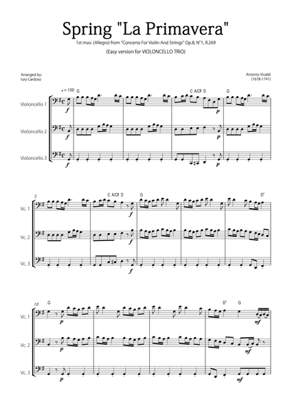 "Spring" (La Primavera) by Vivaldi - Easy version for CELLO TRIO image number null