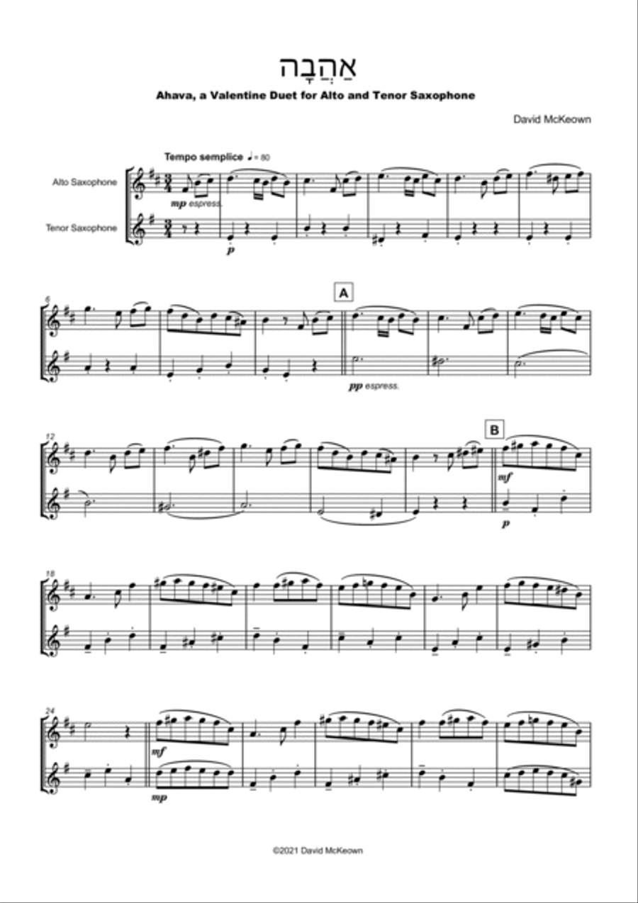 אַהֲבָה (Ahava, Hebrew for Love), Alto and Tenor Saxophone Duet Woodwind Duet scores gallery preview page 2