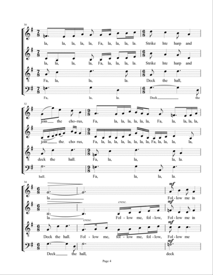Deck the Hall (secular Christmas air) 4-Part scores gallery preview page 4