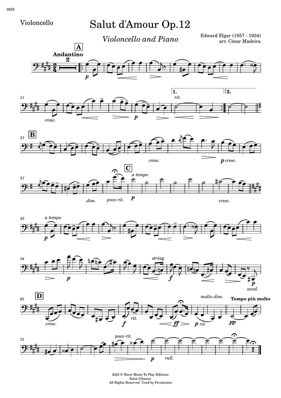 Salut d'Amour by Elgar - Cello and Piano (Individual Parts)